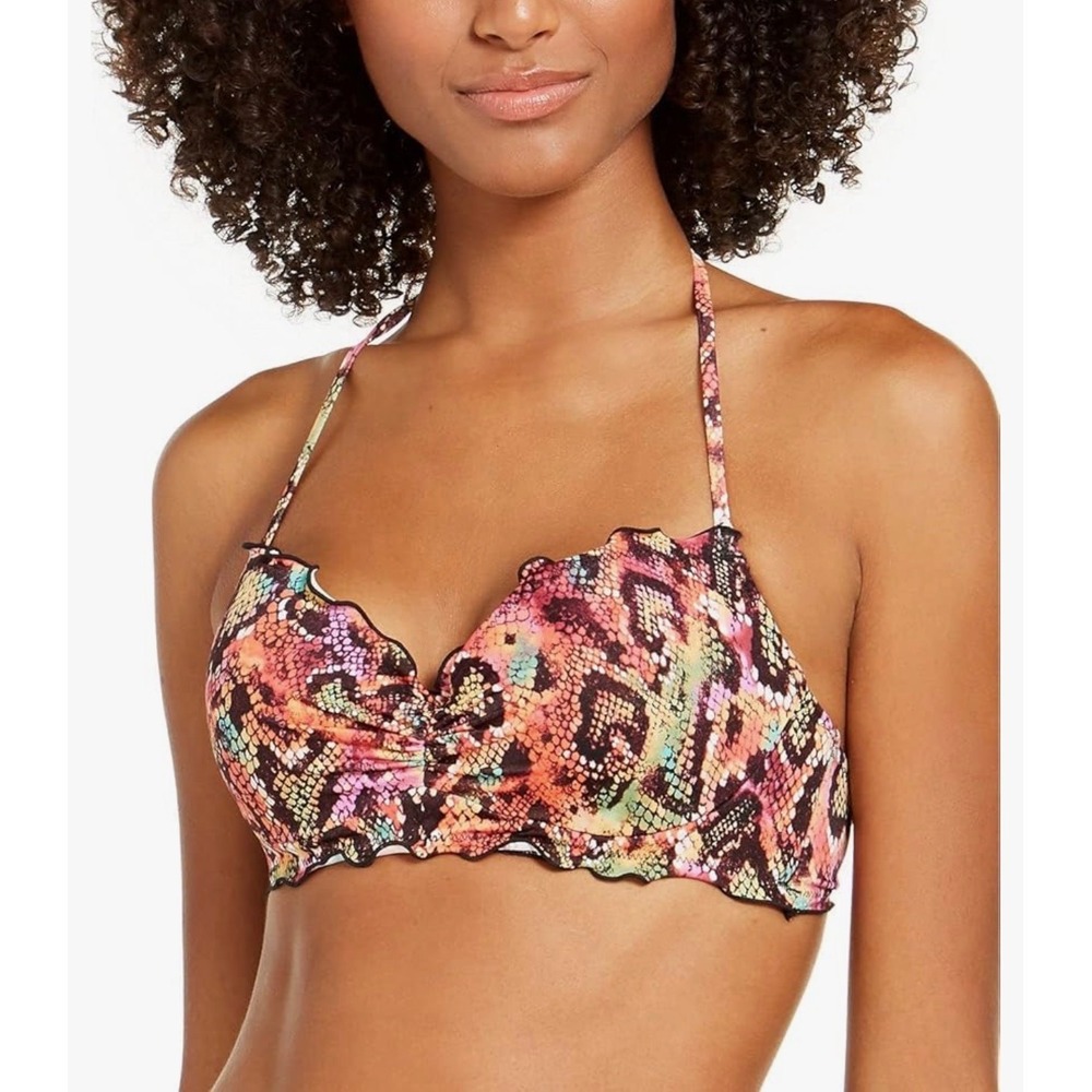 Sun Dazed Bikini Top Women 36C Multicolor Snakeskin Scalloped‎ Underwire Halter